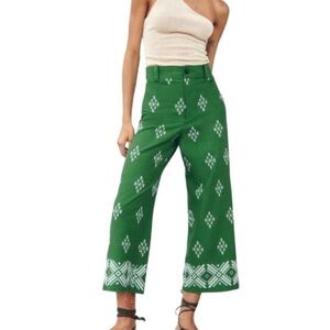 Zara Green Wide Leg Linen Pants with White embroidery